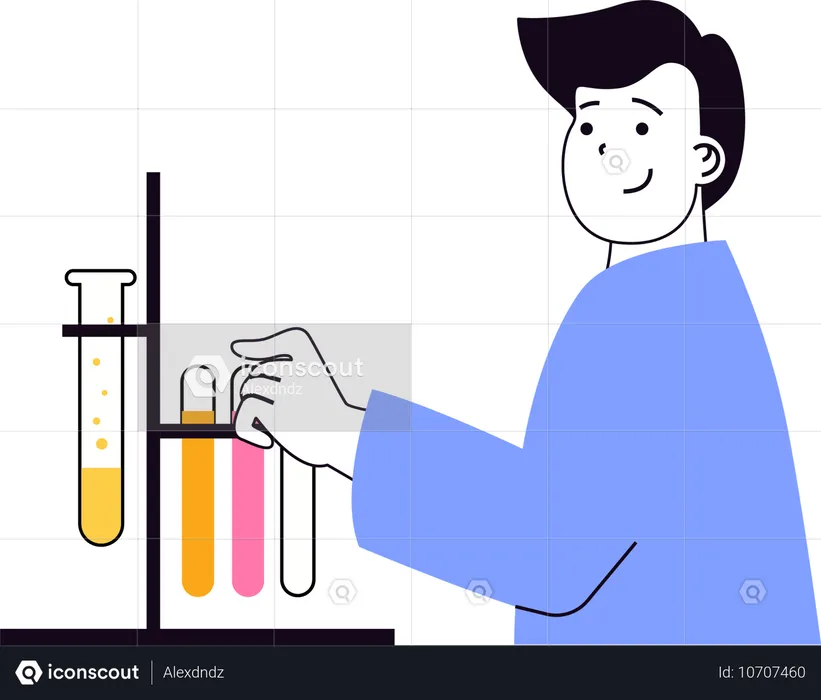 Científico realizando un experimento de laboratorio con productos químicos  Ilustración