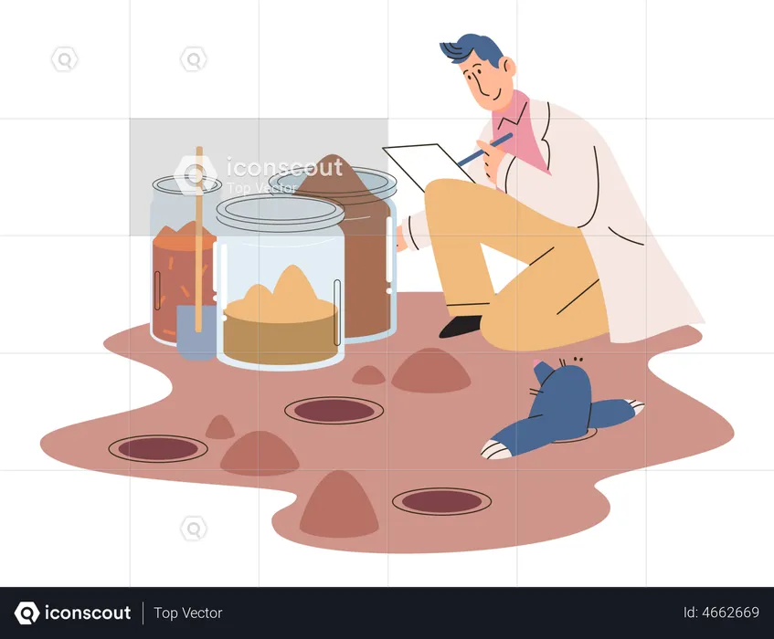 Científico recogiendo diferentes muestras de suelo  Ilustración