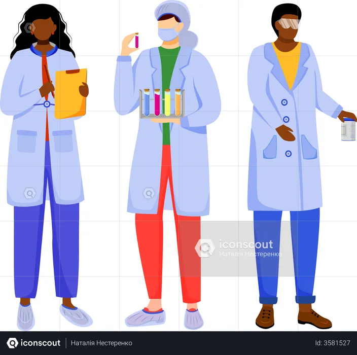 Científicos en batas de laboratorio  Ilustración