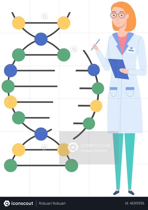 Cientista estudando molécula de DNA  Ilustração