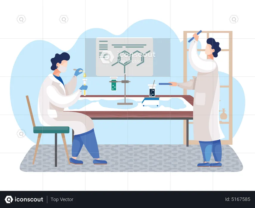 Cientista experimentando produtos químicos  Ilustração