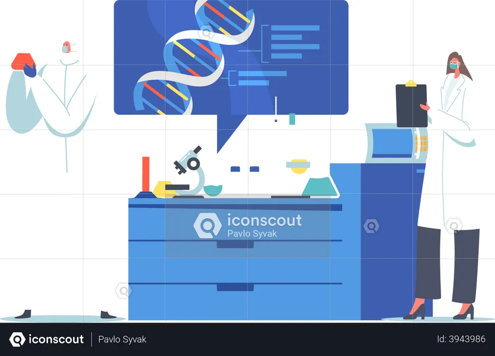 Cientista fazendo experiências com DNA  Ilustração
