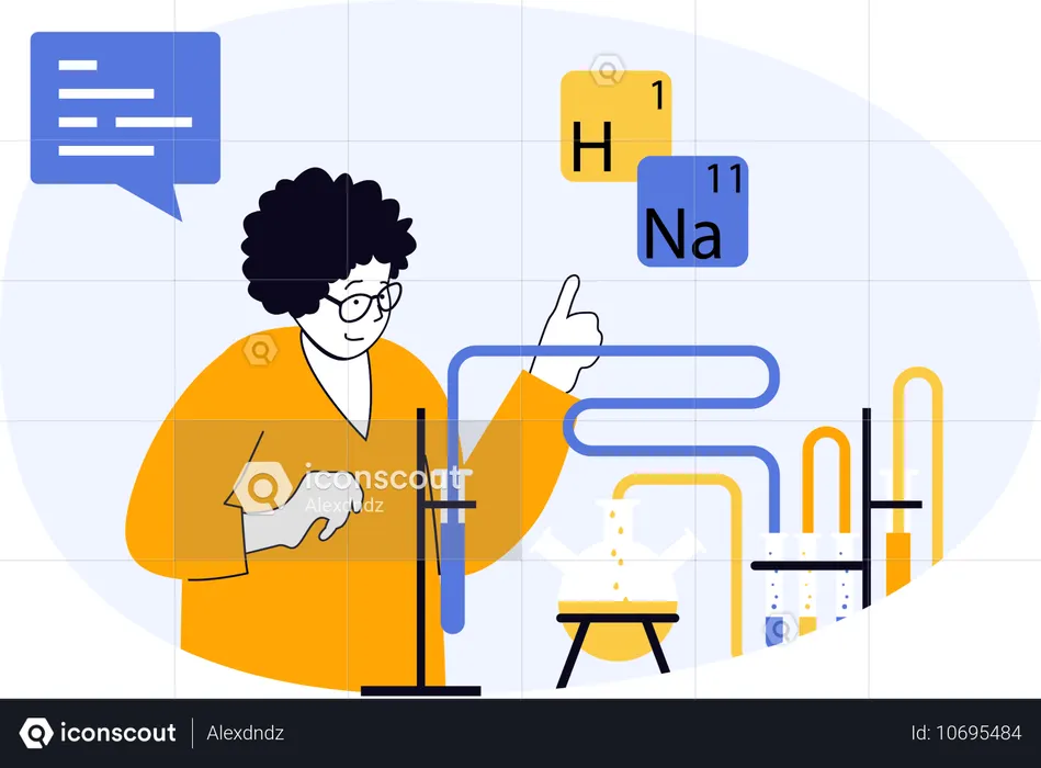 Cientista explicando compostos químicos em sala de aula  Ilustração