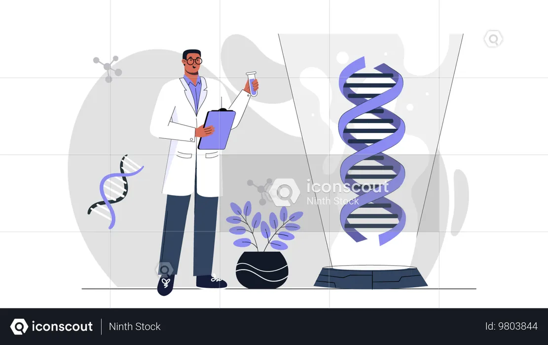 Cientista masculino fazendo pesquisa de DNA  Ilustração