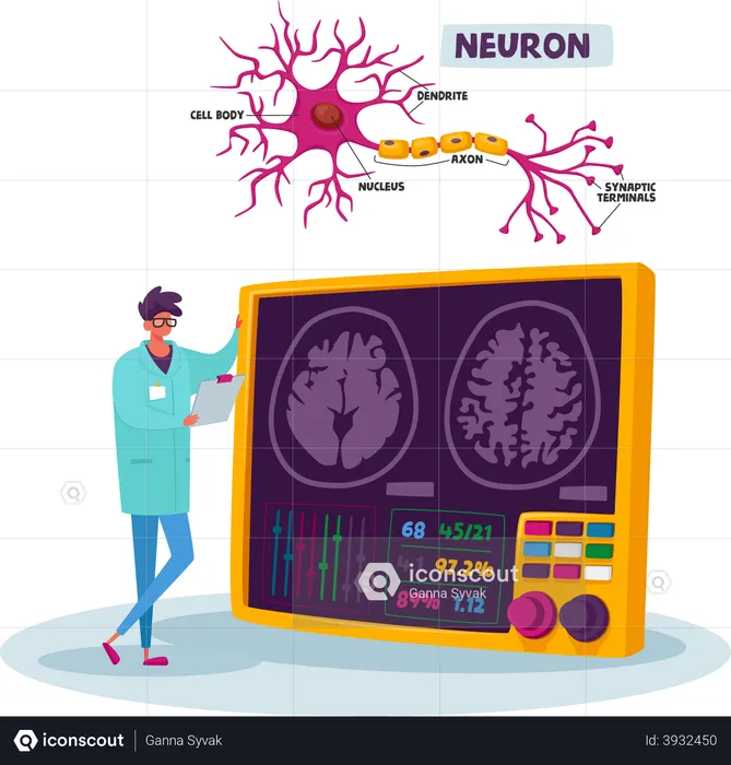 Cientista masculino olha para o cérebro humano com esquema de neurônios em laboratório  Ilustração