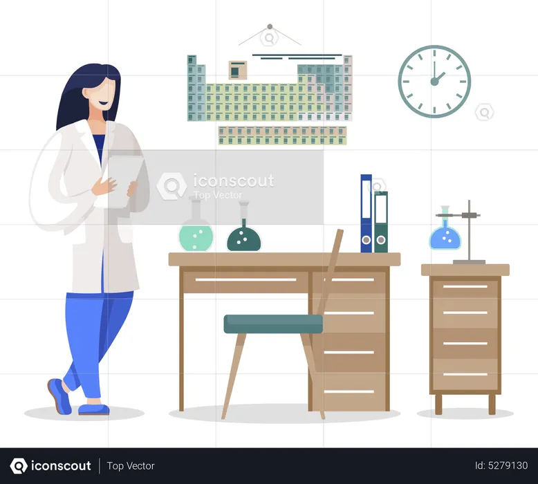Mulher cientista em laboratório, química em laboratório  Ilustração
