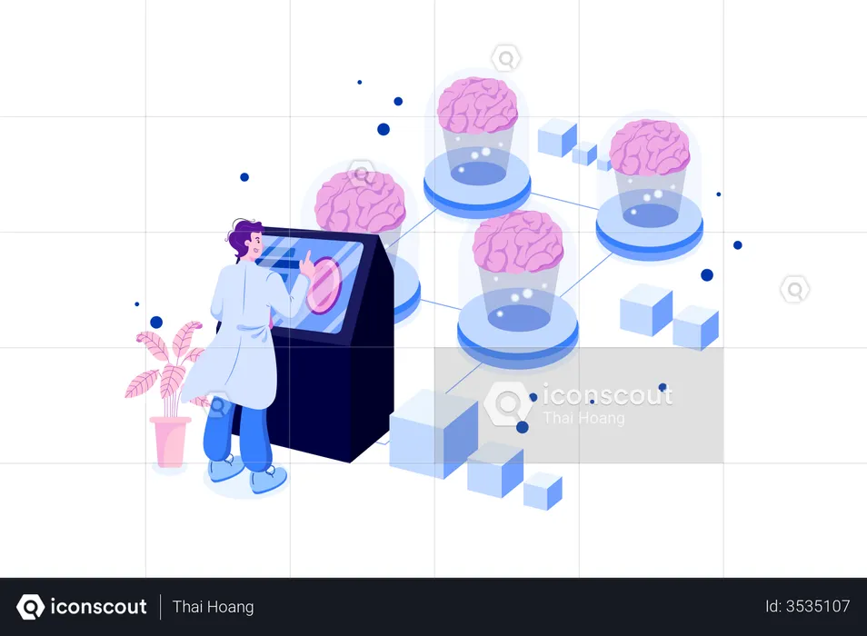 Cientista trabalhando na programação cerebral de redes neurais  Ilustração