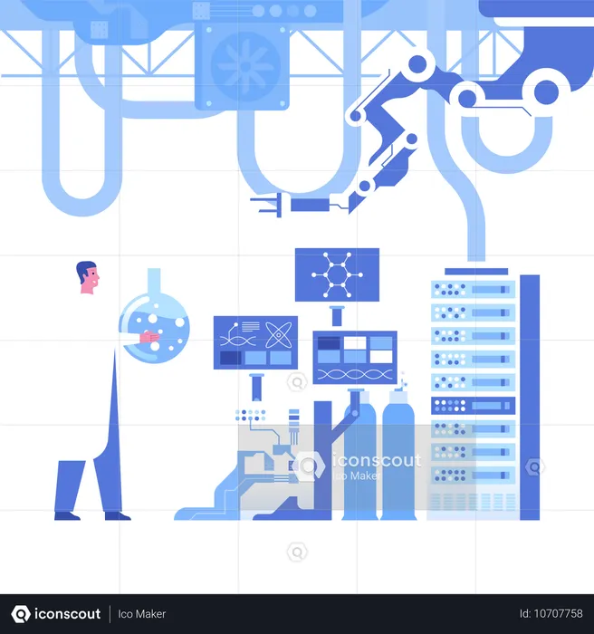 Cientistas analisam dados de pesquisa em laboratório científico automatizado  Ilustração