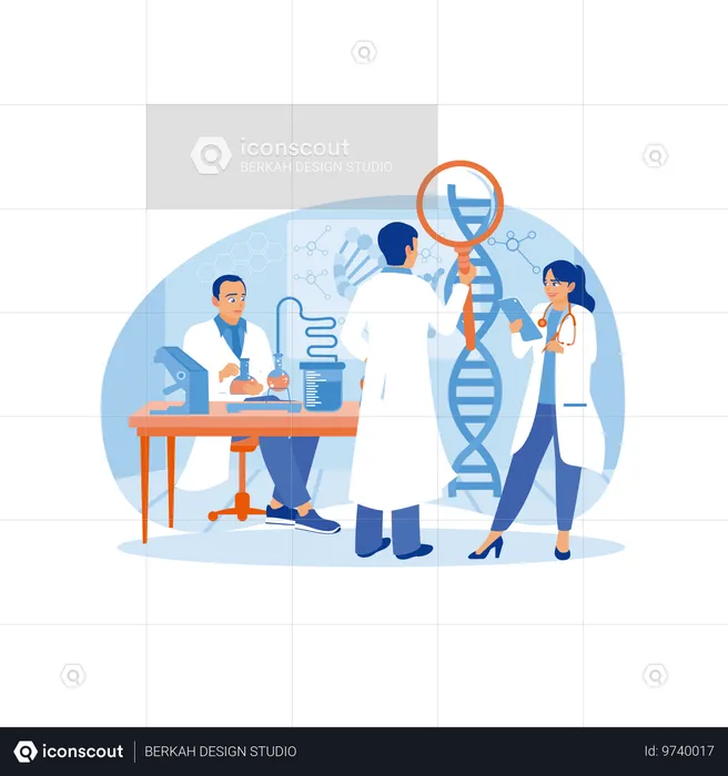 Cientistas realizam pesquisas sobre moléculas de DNA em laboratório  Ilustração