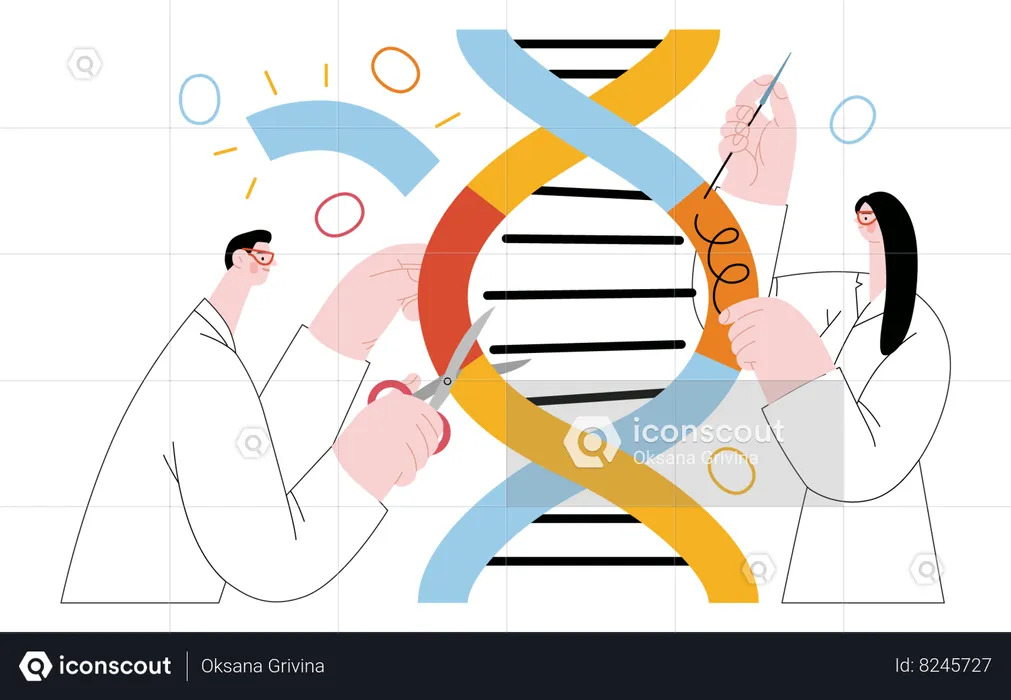 Cientistas dissecando DNA duplo  Ilustração