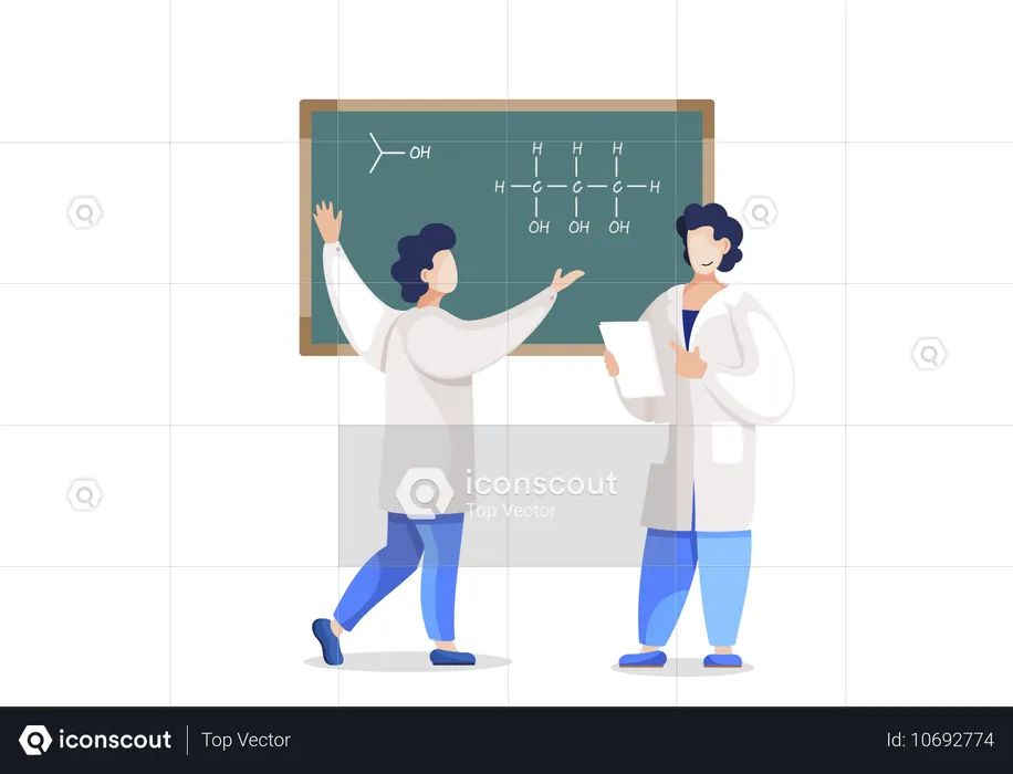 Equipe de cientistas escreve estrutura de molécula no quadro negro e descobre propriedades de substâncias  Ilustração