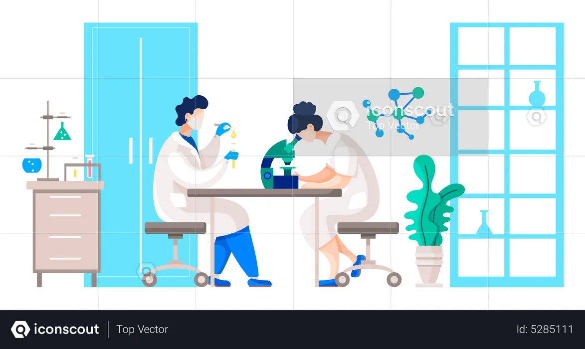 Cientistas fazendo experimentos na sala de laboratório de pesquisa  Ilustração