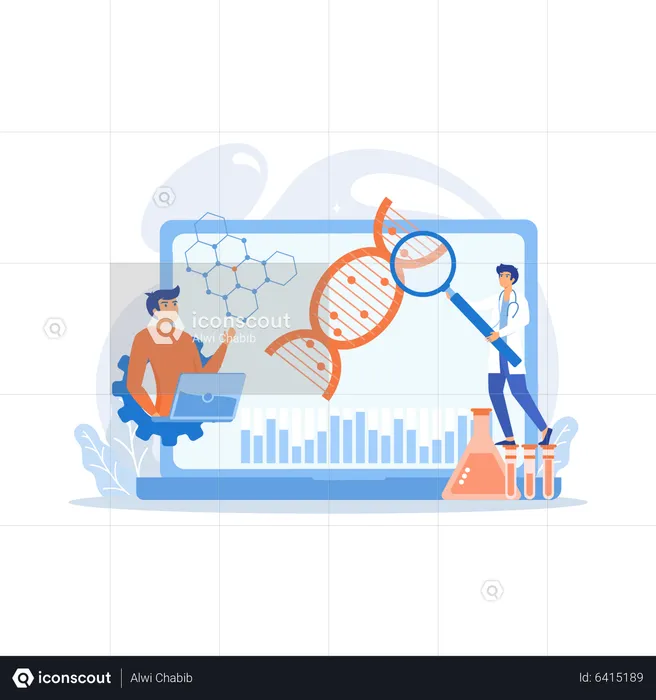 Cientistas analisando DNA e gráficos com lupa no laptop  Ilustração