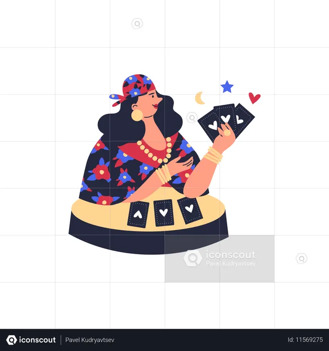 Mulher cigana cartomante lendo o futuro com carta de tarô  Ilustração