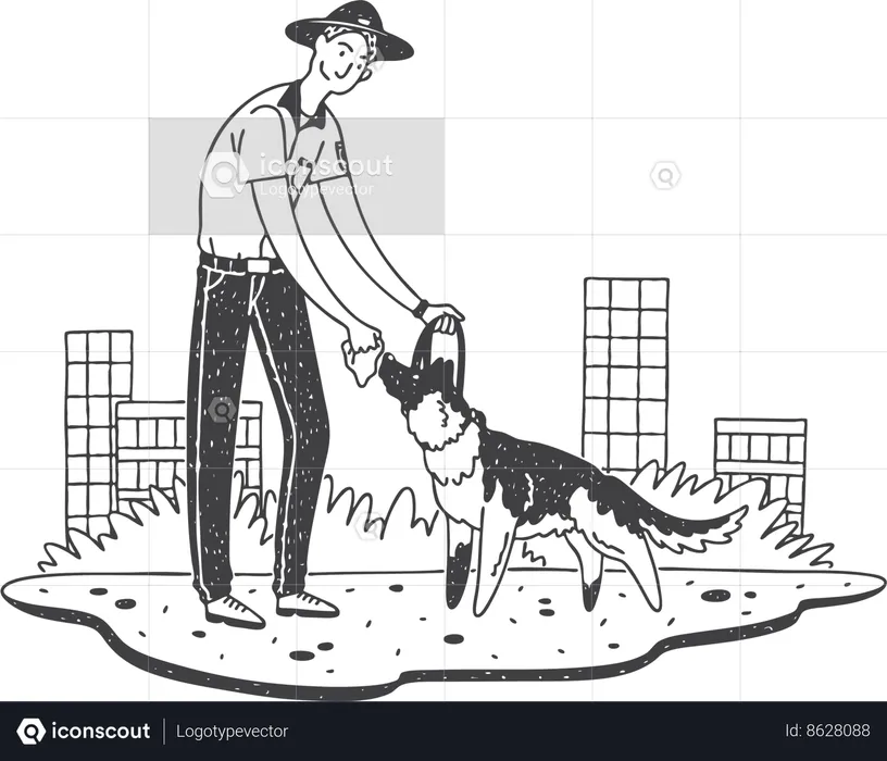 Un cinólogo está entrenando el olfato a un perro  Ilustración