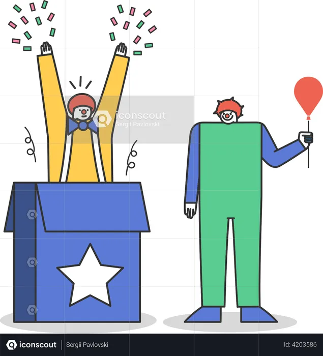 Circus clowns jumping out of box  Illustration