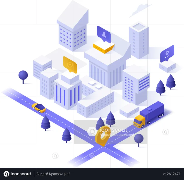City district, living buildings or houses, streets and location mark  Illustration