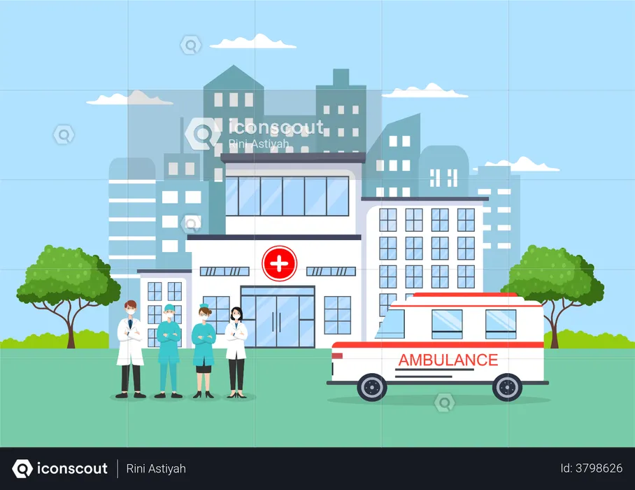 City hospital with medical staff  Illustration