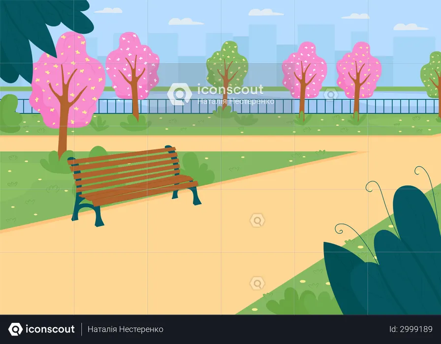 City park near river in spring  Illustration