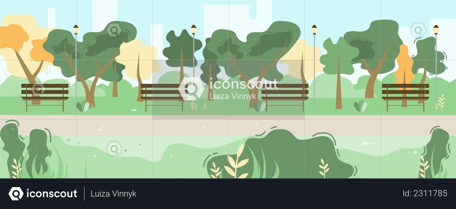 City Park Scene with Green Trees, Benches  Illustration