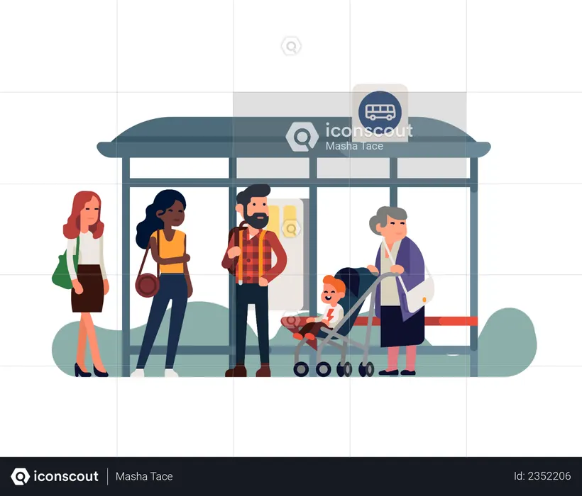 City People waiting for bus at bus station  Illustration