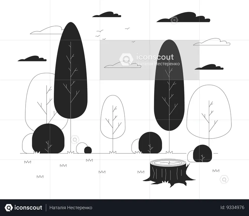 Clareira vazia com toco de árvore em ilustração de linha preta e branca de madeira  Ilustração