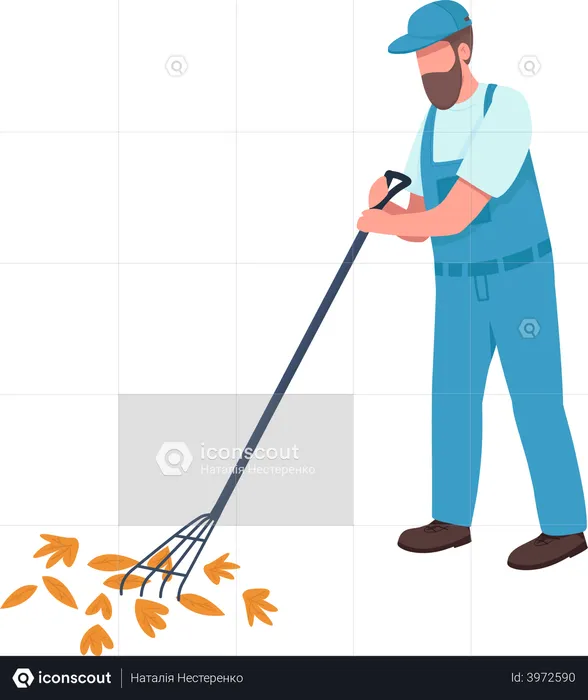 Cleaner collecting leaves with rake  Illustration