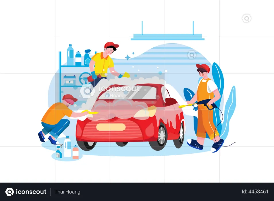 Cleaners Cleaning Car  Illustration