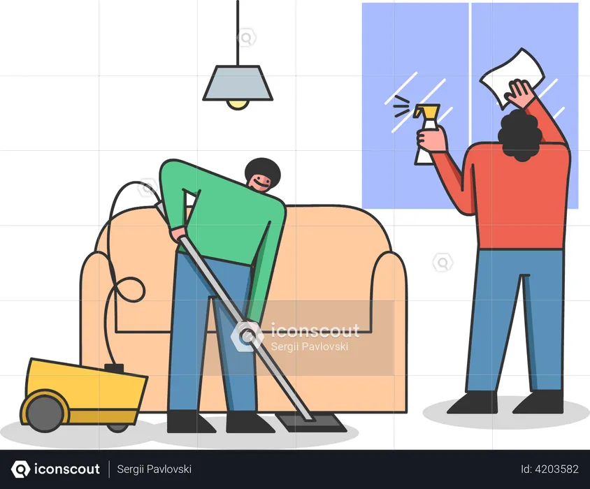 Cleaning Apartment Vacuuming Floor And Clean Window  Illustration