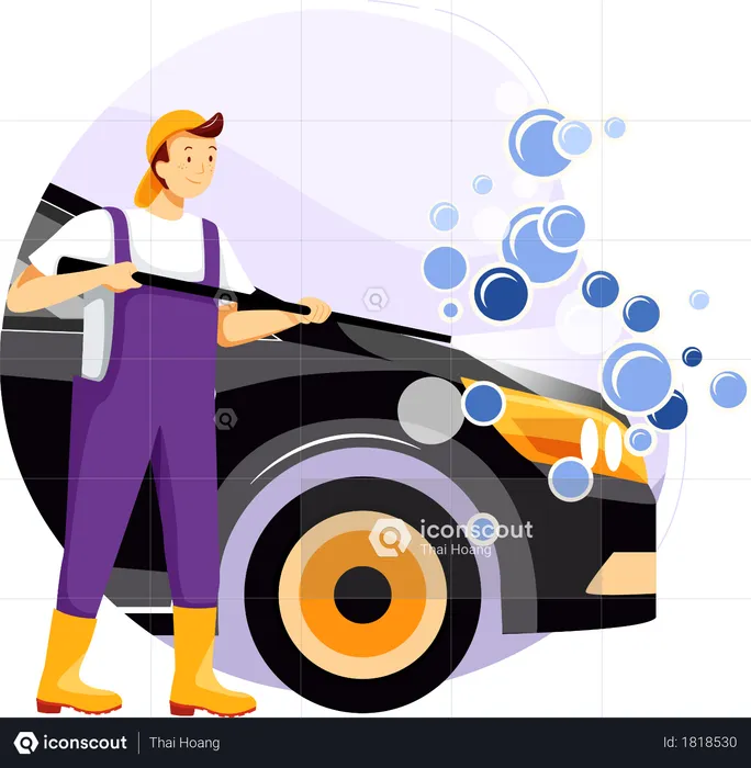 Cleaning car with water spray  Illustration