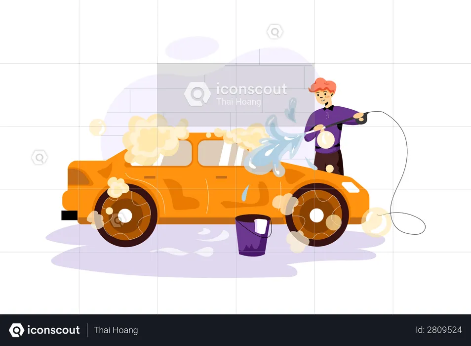 Cleaning car with water spray  Illustration
