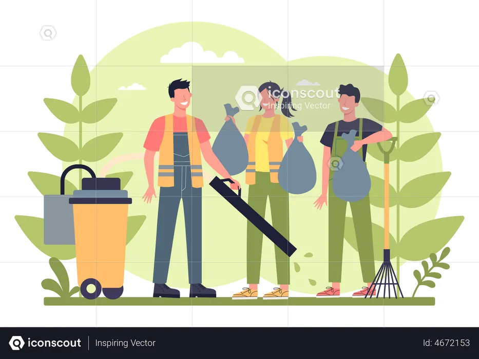 Cleaning staff collecting garbage  Illustration