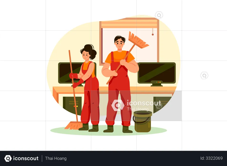 Cleaning team with broom  Illustration