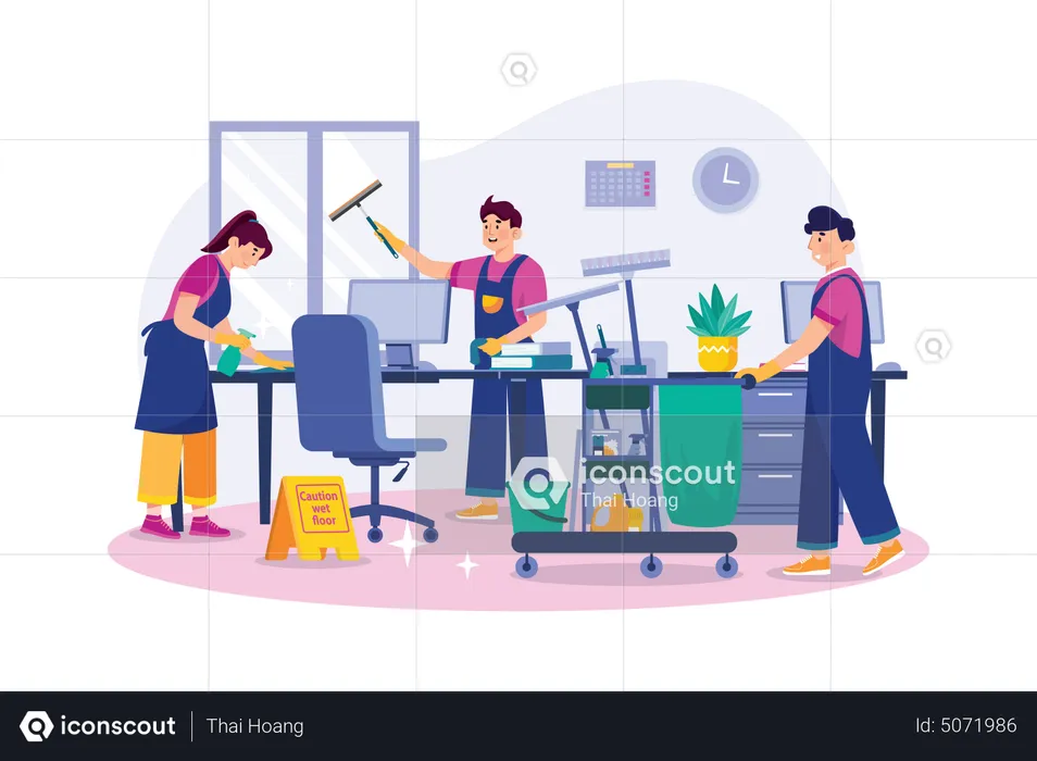Cleaning Team With Professional Equipment Cleaning Office  Illustration