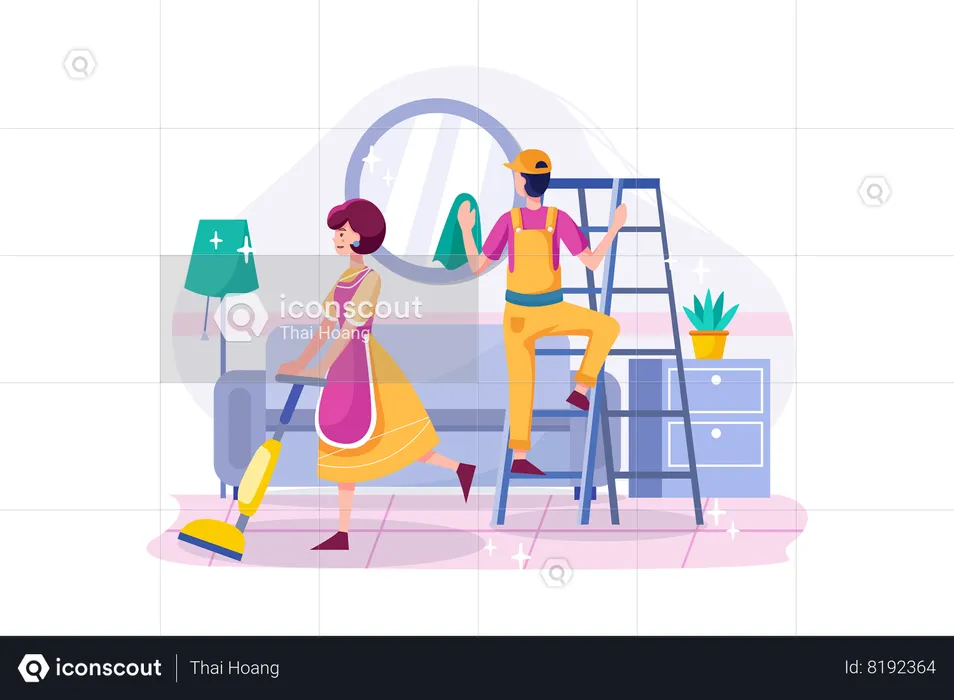 Cleaning team with professional tools tidying up living room .  Illustration