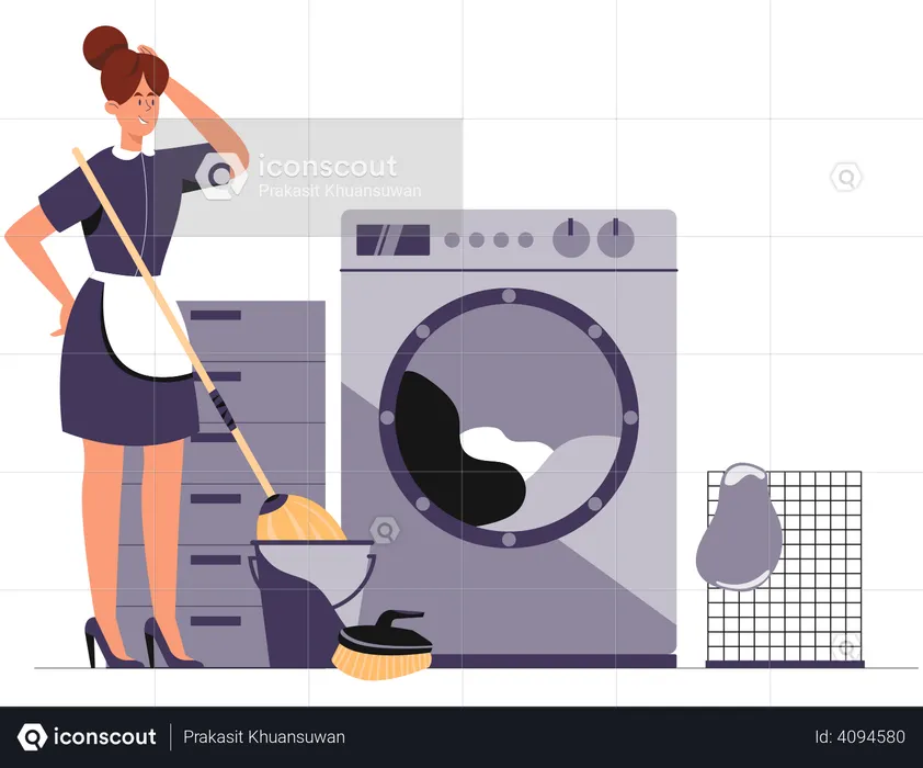 Cleaning woman sweeping, mopping and washing the clothes in the washing machine  Illustration
