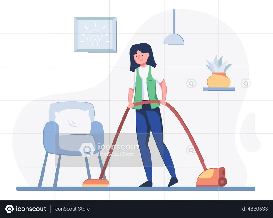 Cleaning worker cleaning floor with vacuum cleaner  Illustration