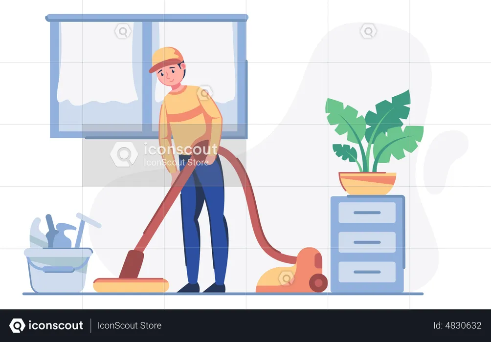 Cleaning worker doing vacuum cleaning clean floor at home  Illustration