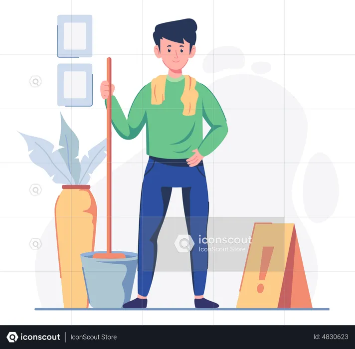 Cleaning worker with bucket and broom  Illustration