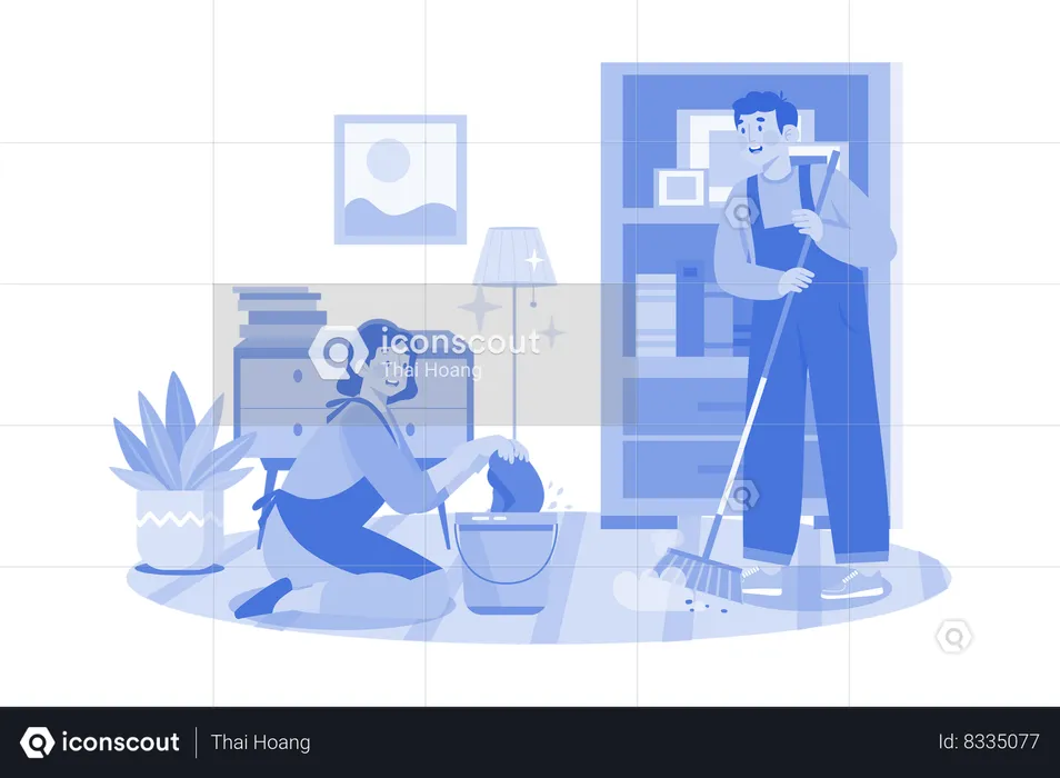 Cleaning Worker With Bucket And Broom  Illustration