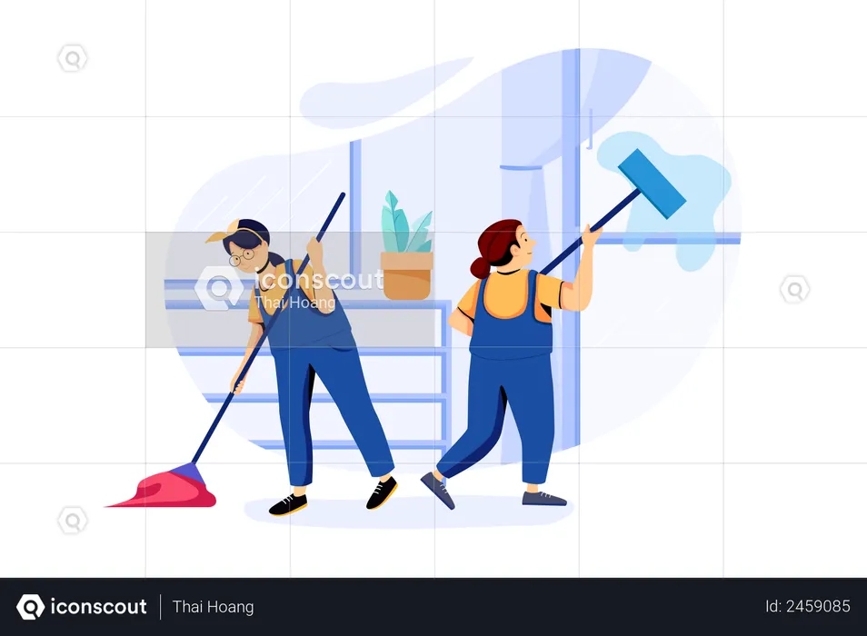 Cleaning workers cleaning house with mop  Illustration