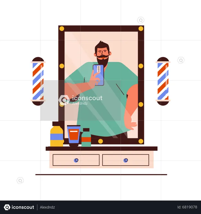Client taking photo in mirror at barber shop  Illustration