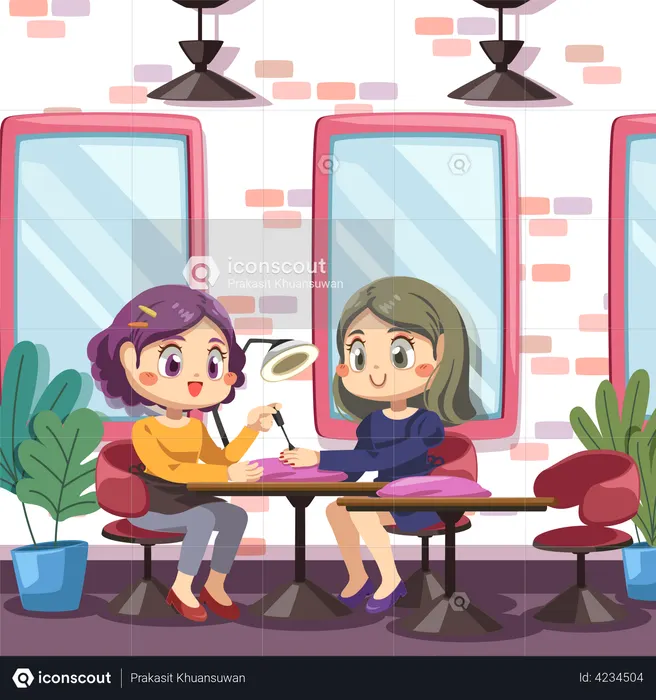 Clienta sentada en una silla para el procedimiento de manicura  Ilustración