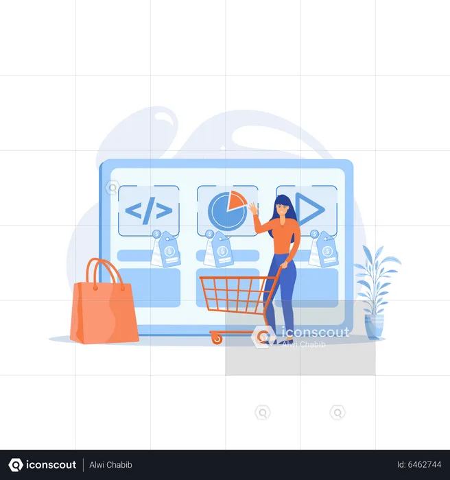 Cliente com carrinho de compras comprando serviço digital on-line  Ilustração