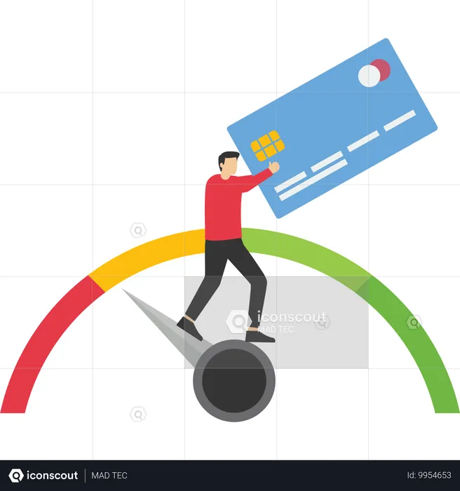 Cliente con tarjeta de plástico y de pie en el indicador de crédito con mala calificación  Ilustración