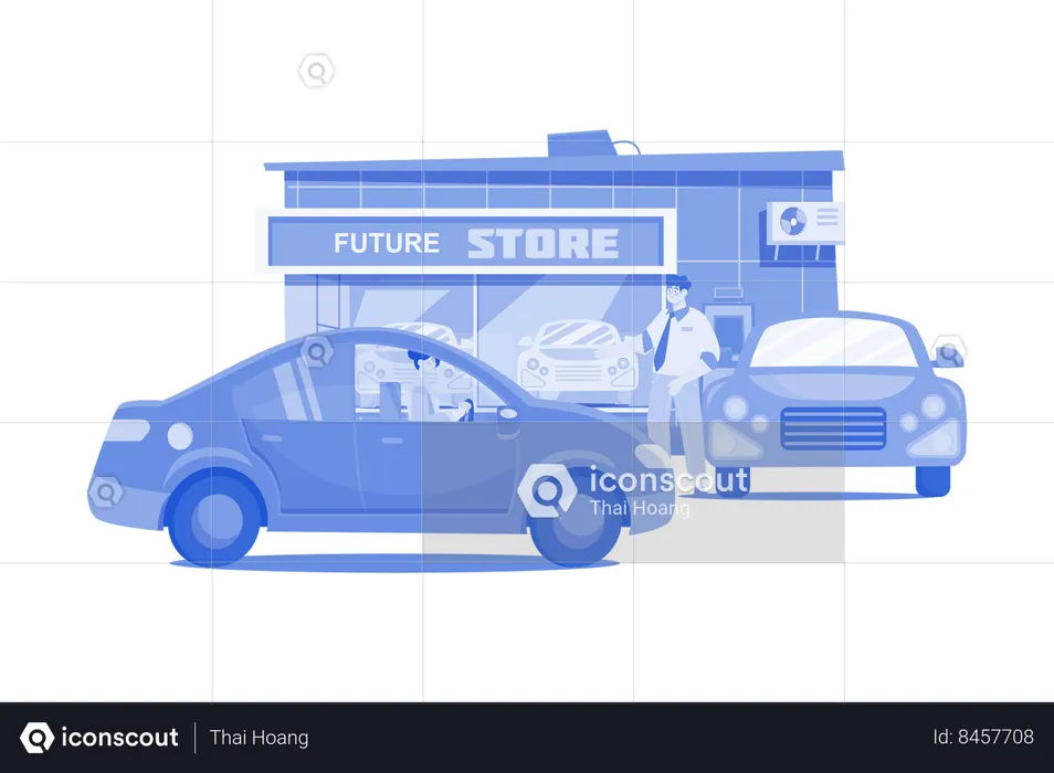 Cliente feminina fazendo teste de carro novo  Ilustração