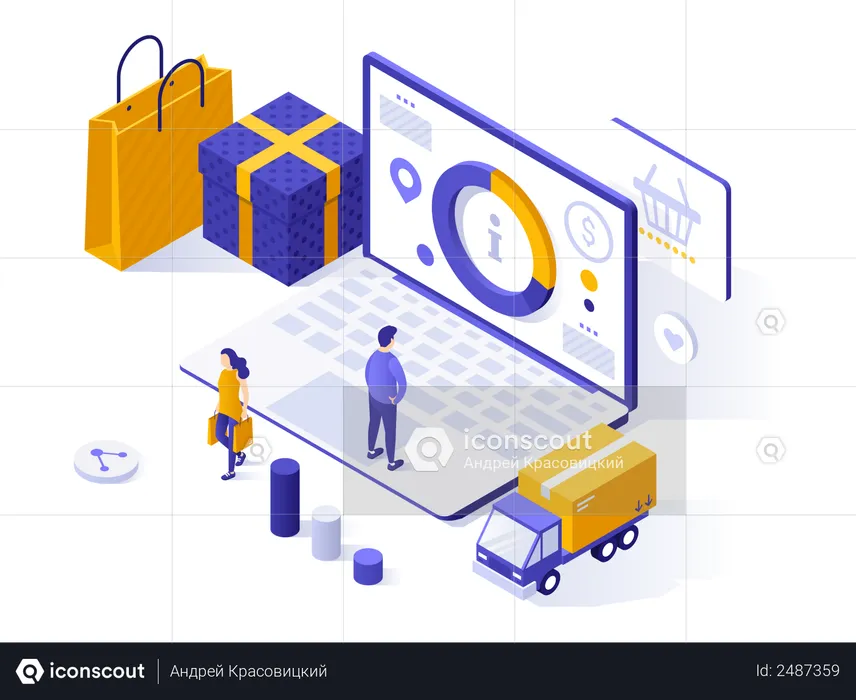 Clients, ordinateur portable avec statistiques de marché à l'écran, sac de courses et boîte cadeau  Illustration