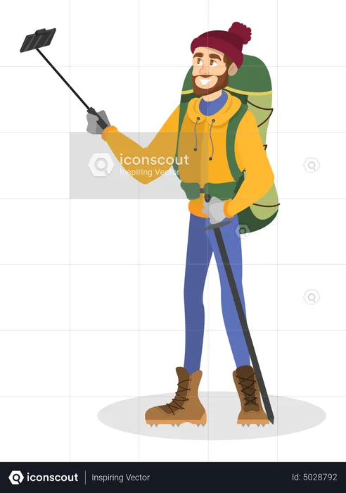 Climber man in special winter clothes with backpack  Illustration