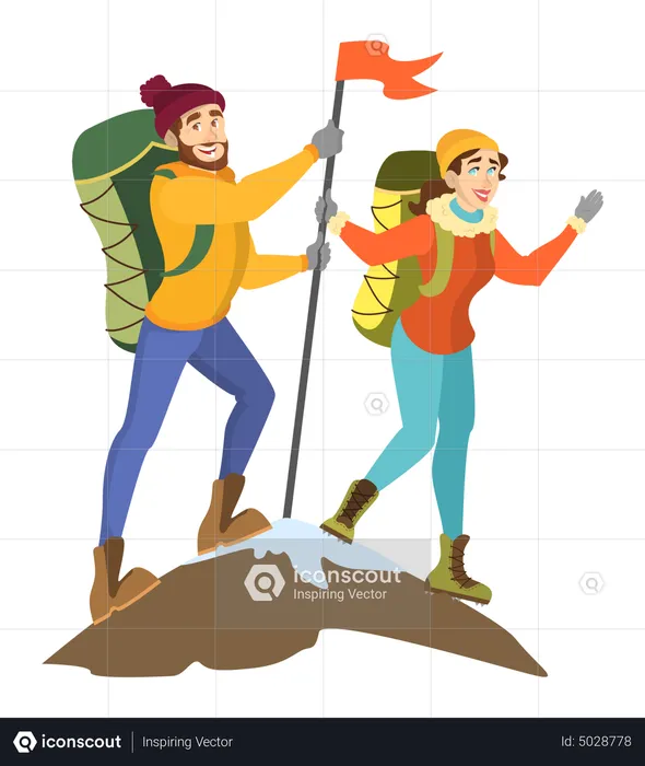 Climbers standing on the mountain peak with flag  Illustration
