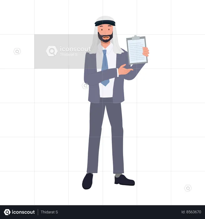 Clipboard Data Presentation by Arab Businessman  Illustration